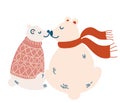 Couple of polar bears in love. Cute animal love theme. Hand drawn Christmas bears in a sweater and scarf. Vector cartoon hand draw Royalty Free Stock Photo
