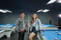 couple pool player take a break after playing billiard together Royalty Free Stock Photo