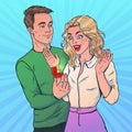 Couple in pop art style. Man present woman a ring.