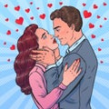 Couple in pop art style. Man and woman hugging. First kiss. Royalty Free Stock Photo