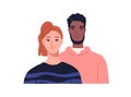 Couple portrait. Biracial man and woman faces. Happy smiling friends, young male and female characters. Wife and husband Royalty Free Stock Photo