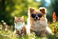 The couple portrait of cute dog and cat in the garden during the sunlight. Royalty Free Stock Photo