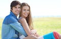 Couple, portrait and hugging in nature, love and care in relationship on outdoor date. Happy people, embrace and relax Royalty Free Stock Photo