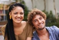 Couple, portrait and lovers with happiness, smile and love outdoors in backyard, garden and patio. Black woman, male Royalty Free Stock Photo