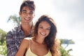 Couple, portrait and smile in nature, love and affection on honeymoon vacation. Happy wife, husband and embracing on Royalty Free Stock Photo