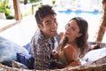 Couple, portrait and smile for vacation, summer and happiness for wellness and outdoor. Man, woman and resort for