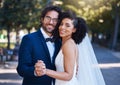 Couple portrait, wedding and happy dancing outdoor at marriage celebration event together with love. Interracial man and Royalty Free Stock Photo