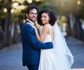 Couple portrait, wedding and interracial love outdoor for marriage celebration event together with care. Happy married Royalty Free Stock Photo