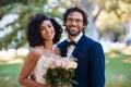 Couple portrait, wedding and nature park marriage celebration event for bride and groom together. Married interracial Royalty Free Stock Photo