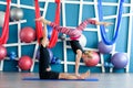 Couple practicing acro yoga in a studio. Acro yoga concept. Couple yoga class Royalty Free Stock Photo