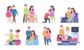 Couple pregnancy characters. Woman and newborn baby activities, young parents set of scenes. Vector pregnant woman and