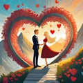 couple proposing silhouette and hearts flying around, mountains, a big heart with red pattern behind them.