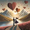 couple proposing silhouette and hearts flying around, mountains, river