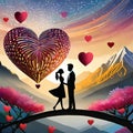 couple proposing silhouette and hearts flying around, mountains, trees with pink flowers