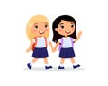 Schoolgirls going to school flat vector illustration. Royalty Free Stock Photo