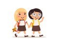 Schoolgirls going to school flat vector illustration.