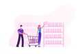 Couple Purchase in Store Take Products from Shop Shelf Pushing Shopping Cart. Family Characters in Medical Masks Royalty Free Stock Photo