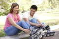 Couple Putting On In Line Skates In Park Royalty Free Stock Photo
