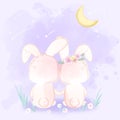 Couple rabbit sitting watching a meteor shower hand drawn cartoon illustration Royalty Free Stock Photo