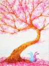 Couple rabbits lover sitting under love tree valentines day watercolor painting Royalty Free Stock Photo