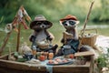 A couple of raccoons sitting on top of a boat. Generative AI image. Royalty Free Stock Photo