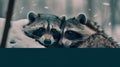 A couple of raccoons standing next to each other in the snow. Generative AI image. Royalty Free Stock Photo