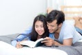 Couple reading a book together in bedroom on the morning with happiness. Royalty Free Stock Photo