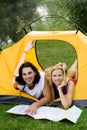 Couple Reading Map in Tent Royalty Free Stock Photo
