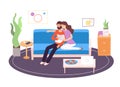 Couple reading. Young happy family reading and resting on couch in living room at home. Holiday relax indoor vector