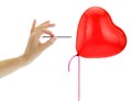 Couple Ãâreaking up, separation concept. Red heart shape balloon pop isolated on white Royalty Free Stock Photo