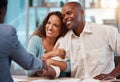 Couple, real estate deal and handshake of realtor and happy black man with love and care. Home, mortgage agreement and Royalty Free Stock Photo