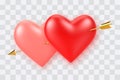 Couple realistic 3d red and pink heart shaped balloons pierced by cupids golden arrow isolated on transparent background