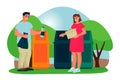 Couple is recycling of household waste. Man and woman sort plastic and paper trash. Vector flat cartoon illustration