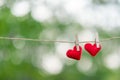 Couple Red heart shape decoration hanging on line with copy space for text on green nature background. Love, Wedding Romantic and Royalty Free Stock Photo