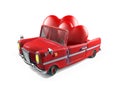 Couple of red hearts in cartoon sport car  Valentines Day Theme Concept  3d rendering Royalty Free Stock Photo