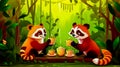 Couple of red pandas sitting at table with cups of tea. Generative AI