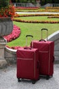Couple of red suitcases in front of ornamental flowerbeds. Mirabell palace gardens. Park in Salzburg town in Austria