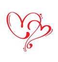 Couple Red Vector Valentines Day Hand Drawn Calligraphic two Hearts. Holiday Design element valentine. Icon love decor