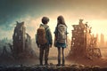Couple of refuge kids looking at ruins of their hometown. Generative AI