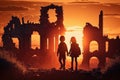 Couple of refuge kids looking at ruins of their hometown. Generative AI