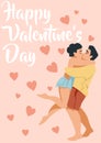 Couple relationship. Hugging man and woman, happy valentines day text, greeting card, heart shapes around, girl and boy