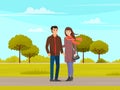 Couple in relationship walking in city park. Young guy and girl hugging in nature, romantic walk Royalty Free Stock Photo