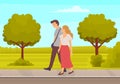 Couple in relationship walking in garden. Young guy and girl holding hands walking together