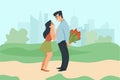 Couple relationships. Man and women in park walking, boy gives bouquet of flowers on romantic date, young characters in