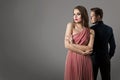 Couple Relationships, Sad Woman in Dress And Young Man Rear View