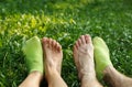 Couple Relax barefoot enjoy nature in the green lawn Royalty Free Stock Photo