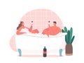 Couple Relaxation, Body Care Therapy, Wellness Honeymoon Date. Young Man and Woman Sitting in Bathtub with Foam