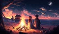 Couple relaxing by bonfire on shore in illustrated scene
