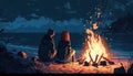 Couple relaxing by bonfire on shore in illustrated scene