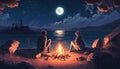 Couple relaxing by bonfire on shore in illustrated scene